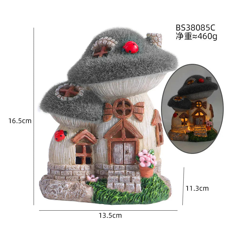 Garden Solar Night Light Mushroom House Flower Outdoor Courtyard Landscape Decoration Ornaments Resin Crafts Porch Accessories