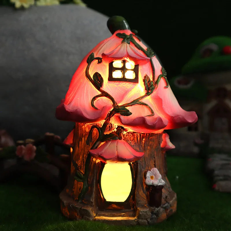 Garden Solar Night Light Mushroom House Flower Outdoor Courtyard Landscape Decoration Ornaments Resin Crafts Porch Accessories