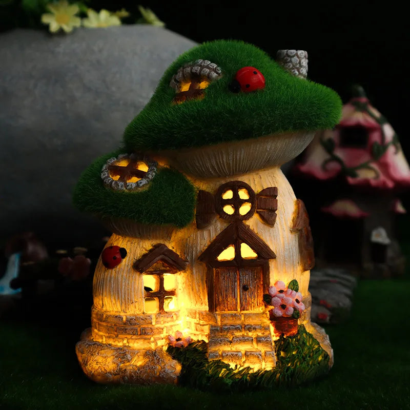 Garden Solar Night Light Mushroom House Flower Outdoor Courtyard Landscape Decoration Ornaments Resin Crafts Porch Accessories