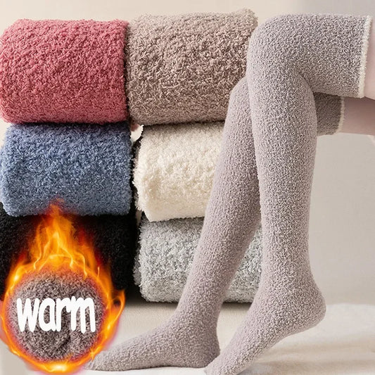 Winter Coral Fleece Long Socks Women Plush Winter Warm Thick Thigh Knee Pads Stockings Leg Warmer High Home Sleep Floor Sock