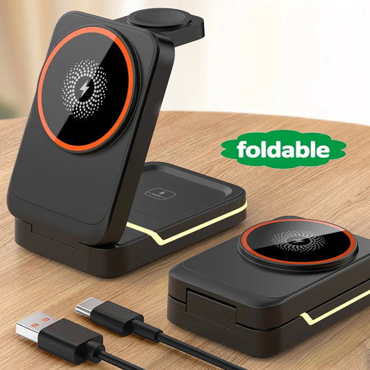 Magnetic Wireless Charger For iPhone 16 15 14 13 12 Pro Max/Mini/Plus/ iWatch/Airpods Foldable Wireless Charging Station 3 IN 1